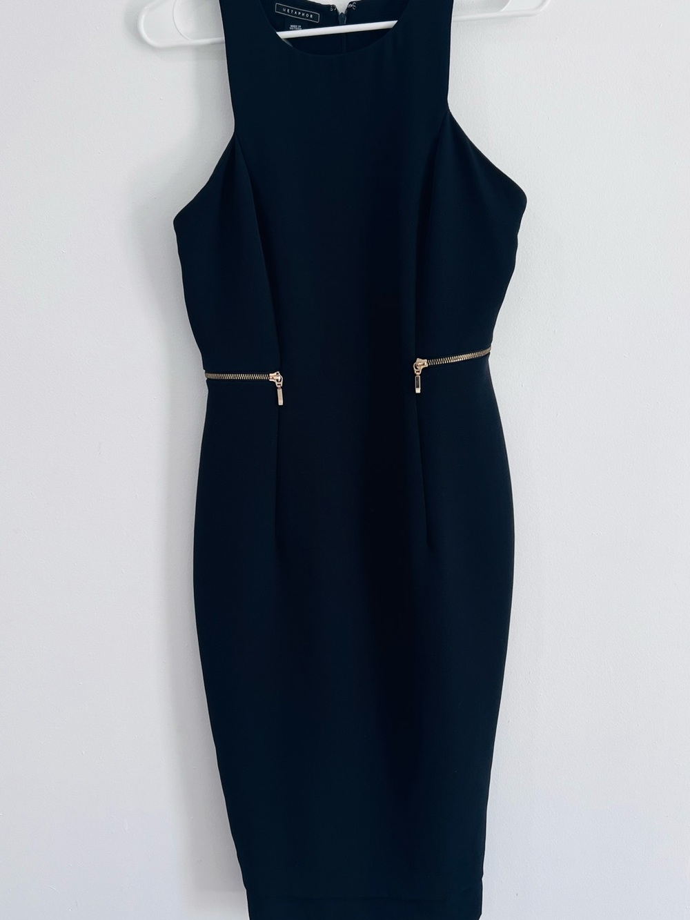 Metaphor Black Midi Sheath Dress with Gold Zipper Detail